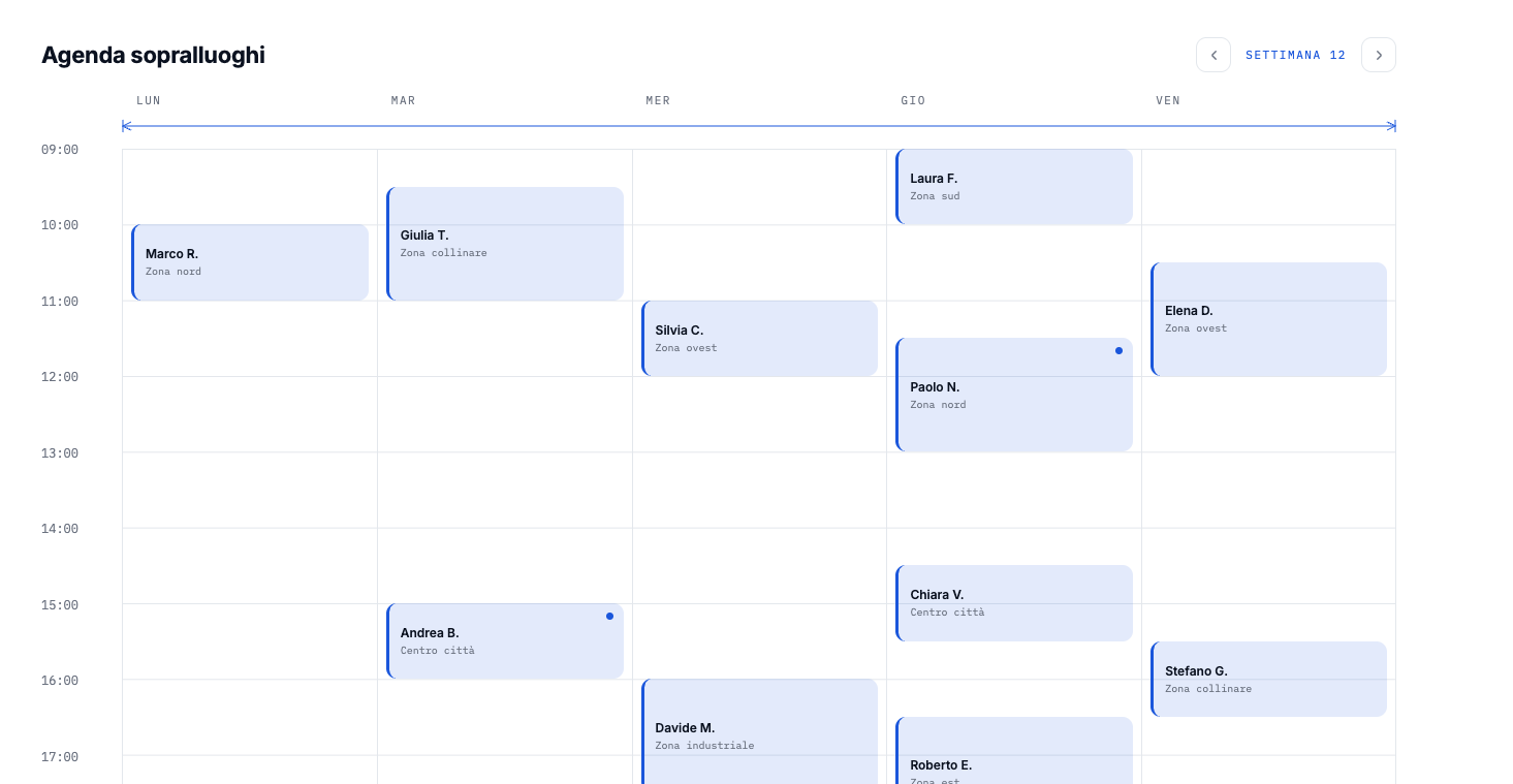 Agenda settimanale con più sopralluoghi confermati in ogni giornata
